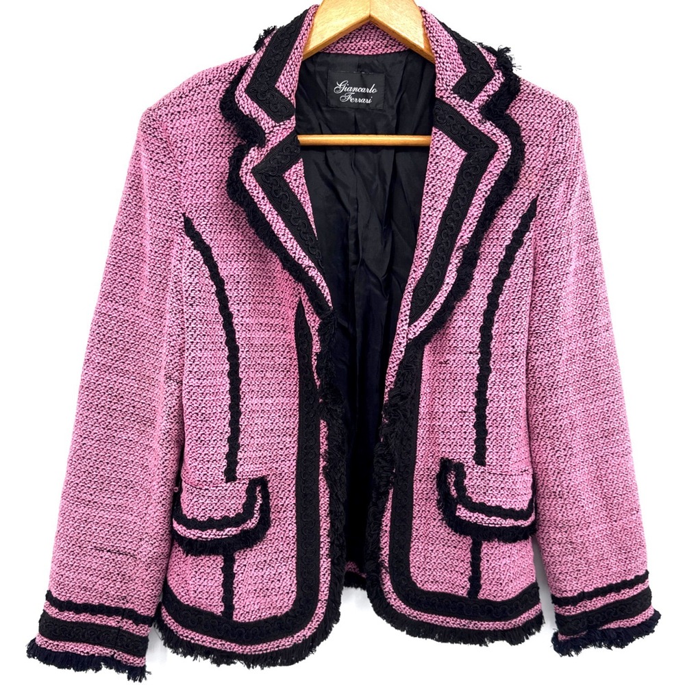 Giancarlo Ferrari Pink Tweed Blazer Jacket Womens 4 Open Front Knit Fringe Trim
